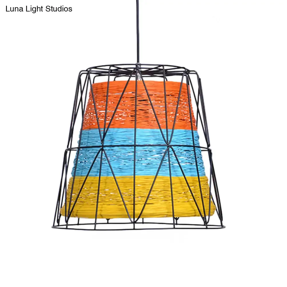 Lodge Style Metallic and Rope 1-Light Bucket Pendant Lamp - White/Blue/Orange/Yellow