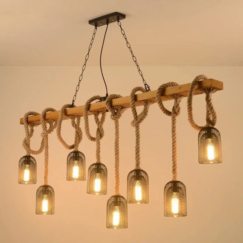 Metallic Dome Hanging Lamp: Antique Island Chandelier with Hemp Rope & Wood Accents