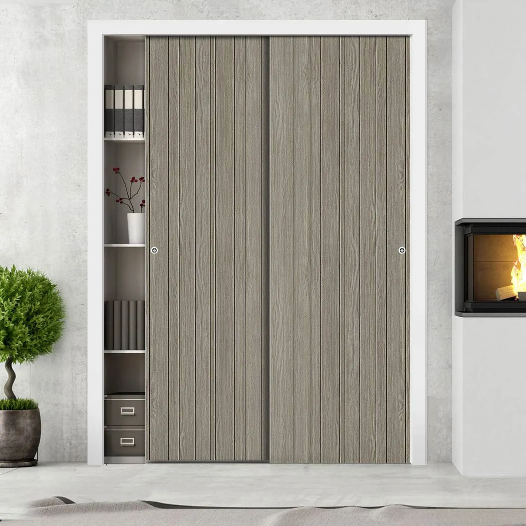 Minimalist Wardrobe Door & Frame Kit - Two Laminate Montreal Light Grey Door - Prefinished