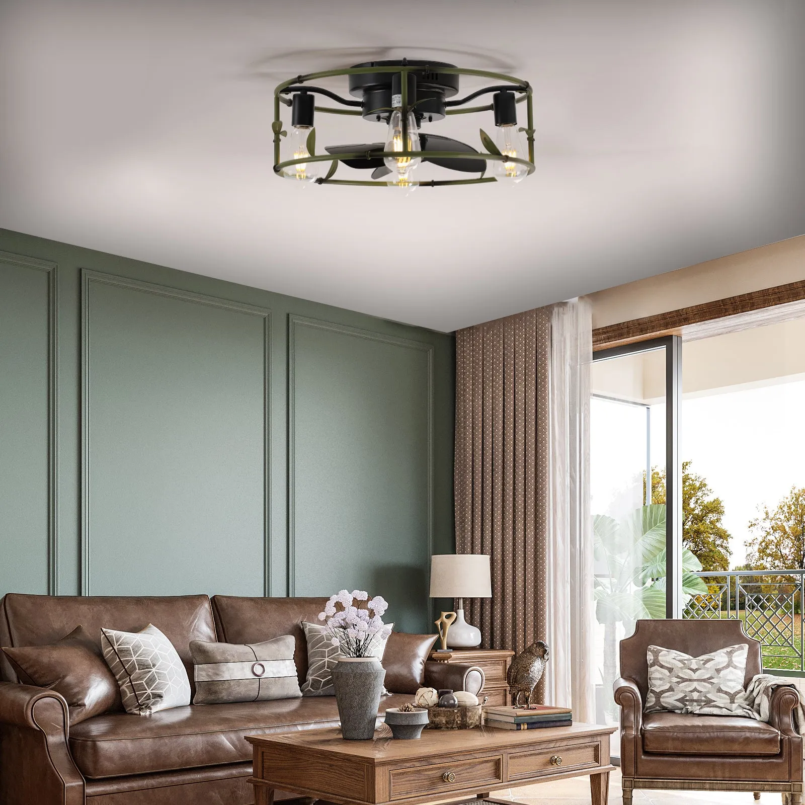 Modern Style Ceiling Light Green Cage Ceiling Fan Light Remote Controlled Ceiling Fan Light