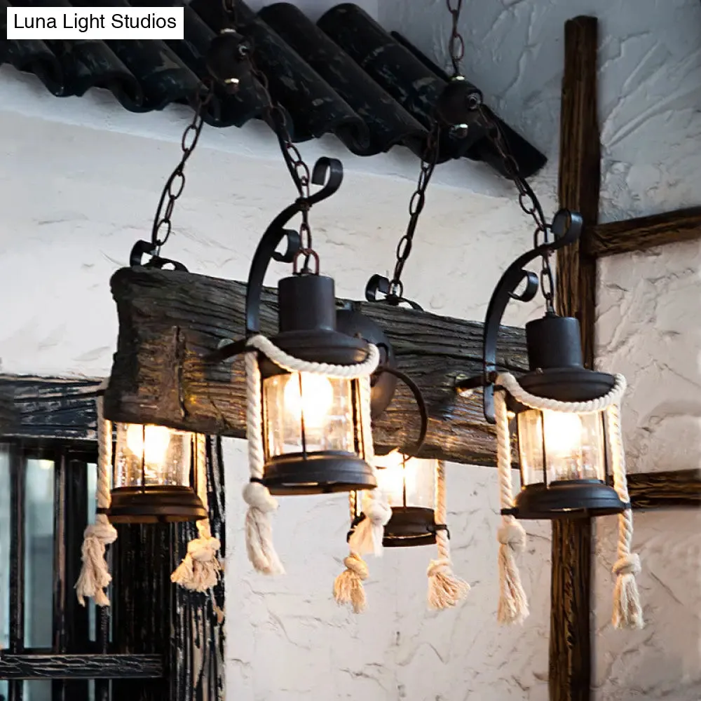 Nautical Wood Board Black Island Lamp - 4-Light Linear Suspension Lighting with Lantern and Hemp Rope