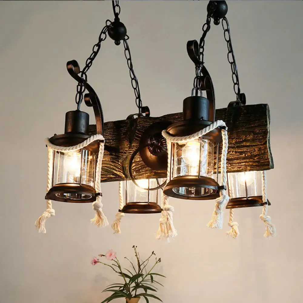 Nautical Wood Board Black Island Lamp - 4-Light Linear Suspension Lighting with Lantern and Hemp Rope