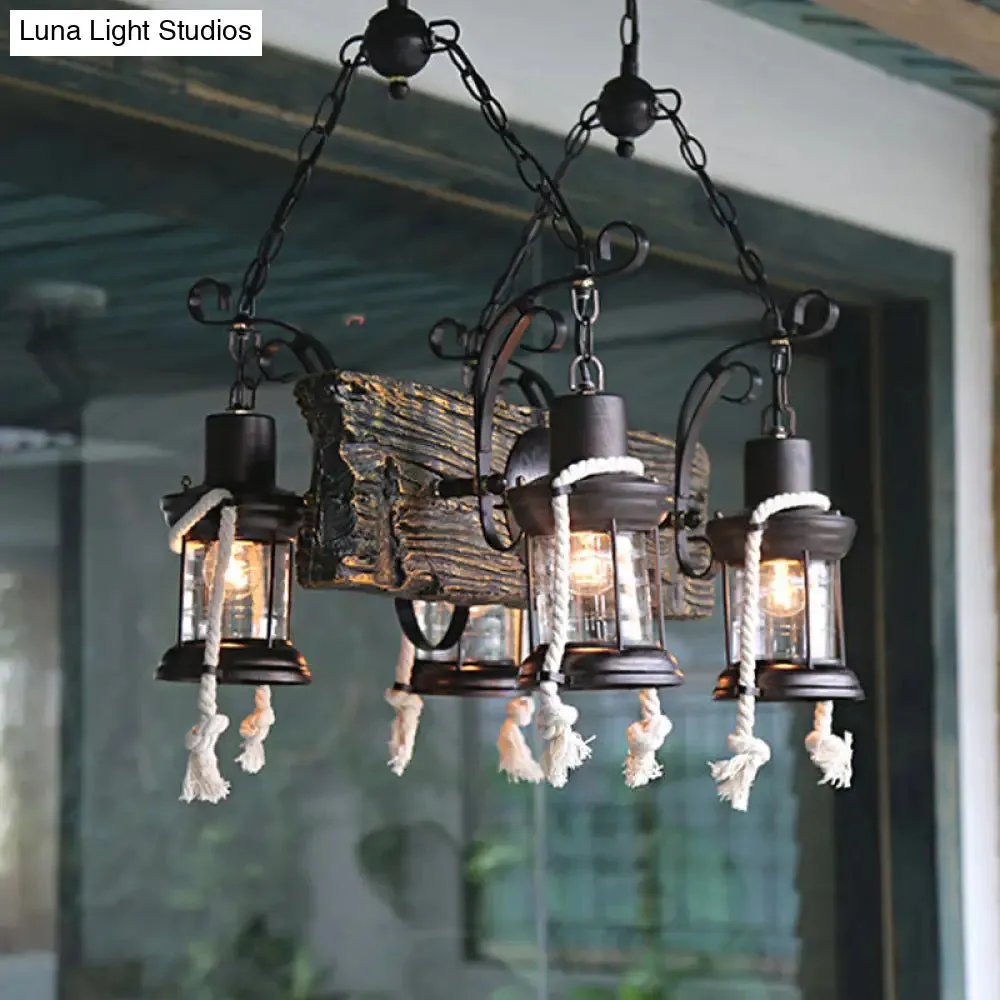 Nautical Wood Board Black Island Lamp - 4-Light Linear Suspension Lighting with Lantern and Hemp Rope