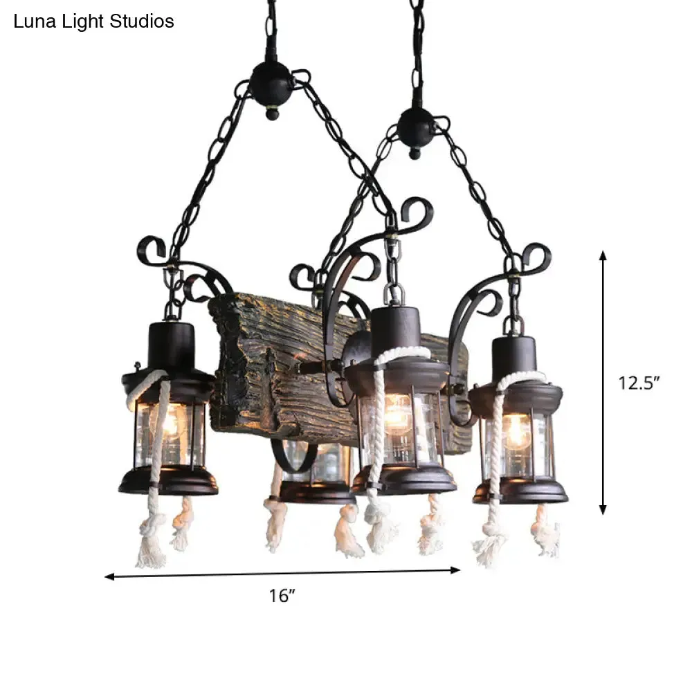 Nautical Wood Board Black Island Lamp - 4-Light Linear Suspension Lighting with Lantern and Hemp Rope