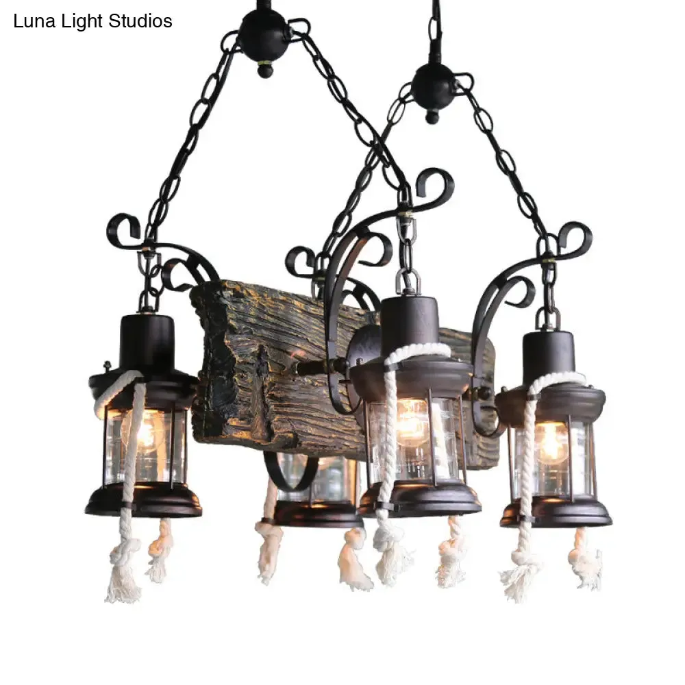 Nautical Wood Board Black Island Lamp - 4-Light Linear Suspension Lighting with Lantern and Hemp Rope