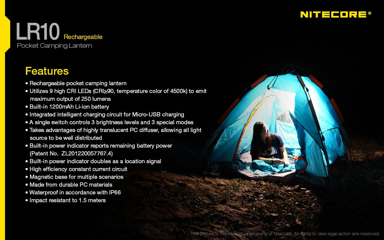 Nitecore LR10 - 250 Lumens LED Micro USB Charging Camping Lantern (Black)