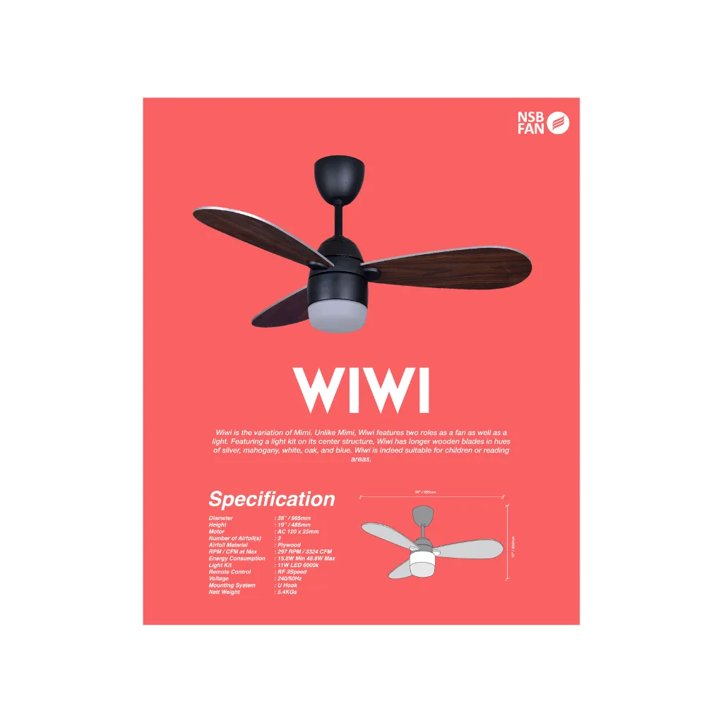 NSB WIWI (BK/MAH-Silver) 38 Inch Dual Tone Color Blade with Remote Control Ceiling Fan