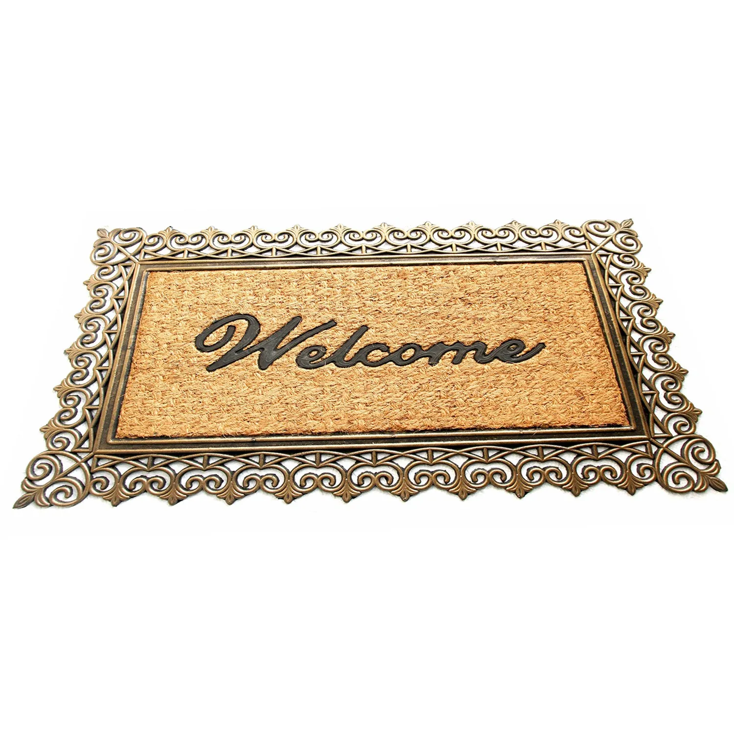 OnlyMat Elegant Golden Colour Moulded Rubber and Coir Welcome Entrance Doormat