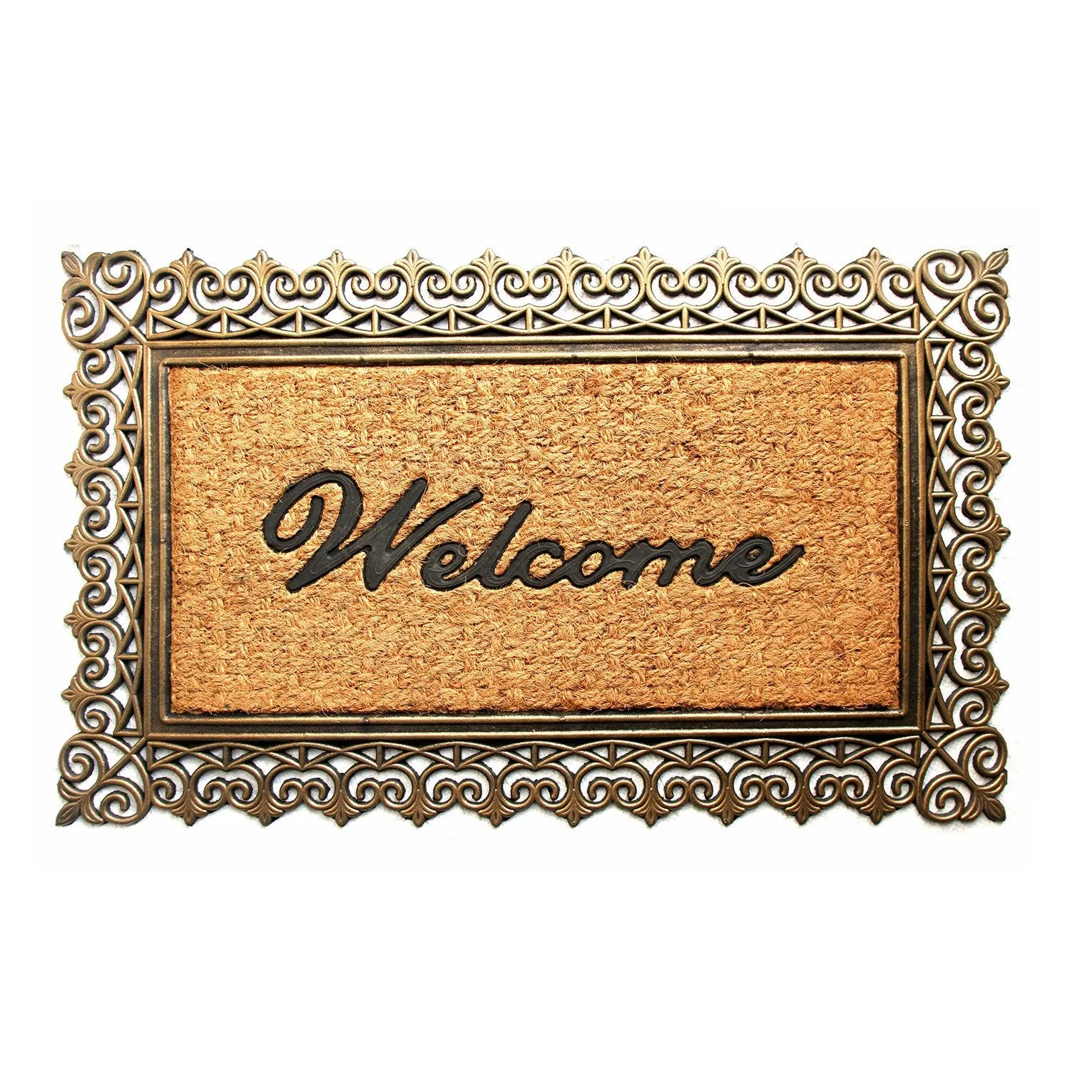 OnlyMat Elegant Golden Colour Moulded Rubber and Coir Welcome Entrance Doormat