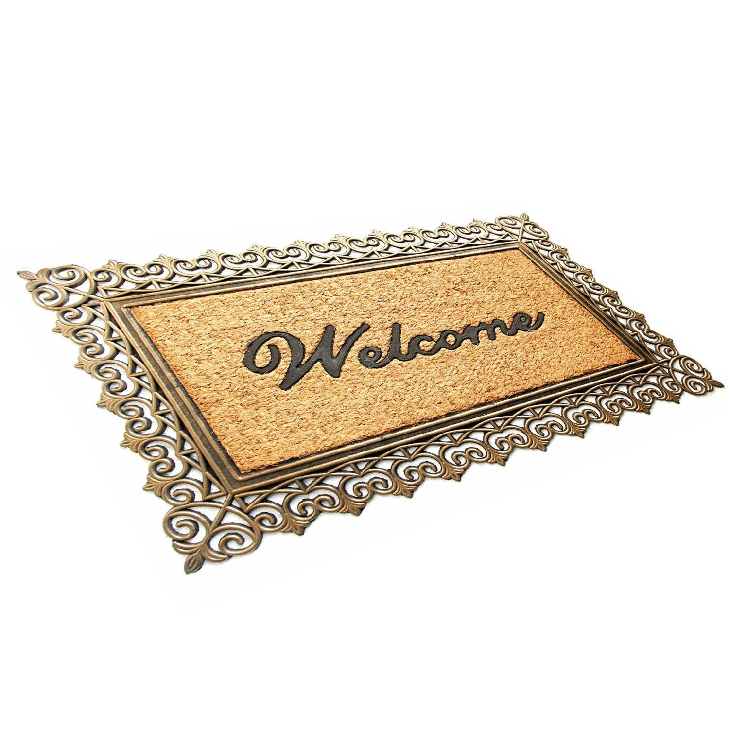 OnlyMat Elegant Golden Colour Moulded Rubber and Coir Welcome Entrance Doormat