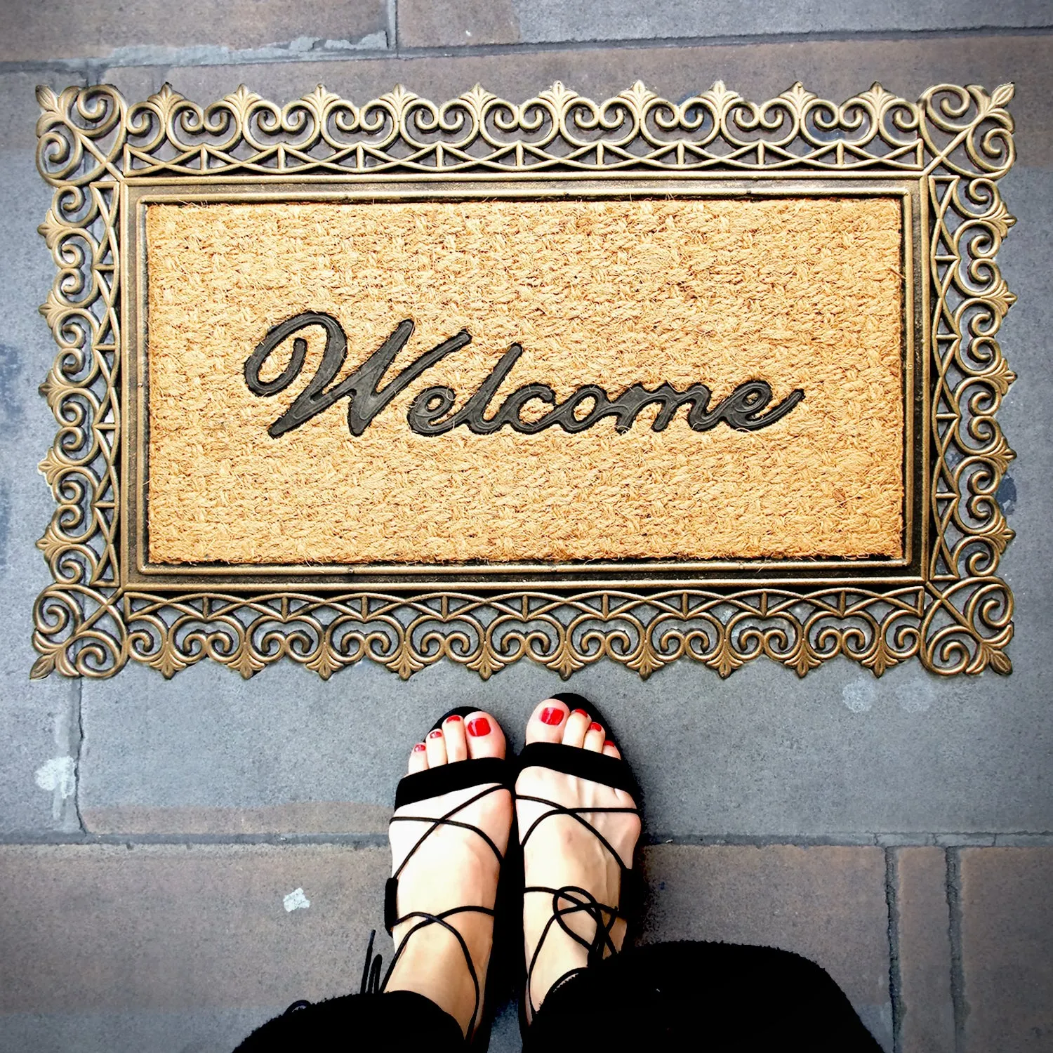 OnlyMat Elegant Golden Colour Moulded Rubber and Coir Welcome Entrance Doormat