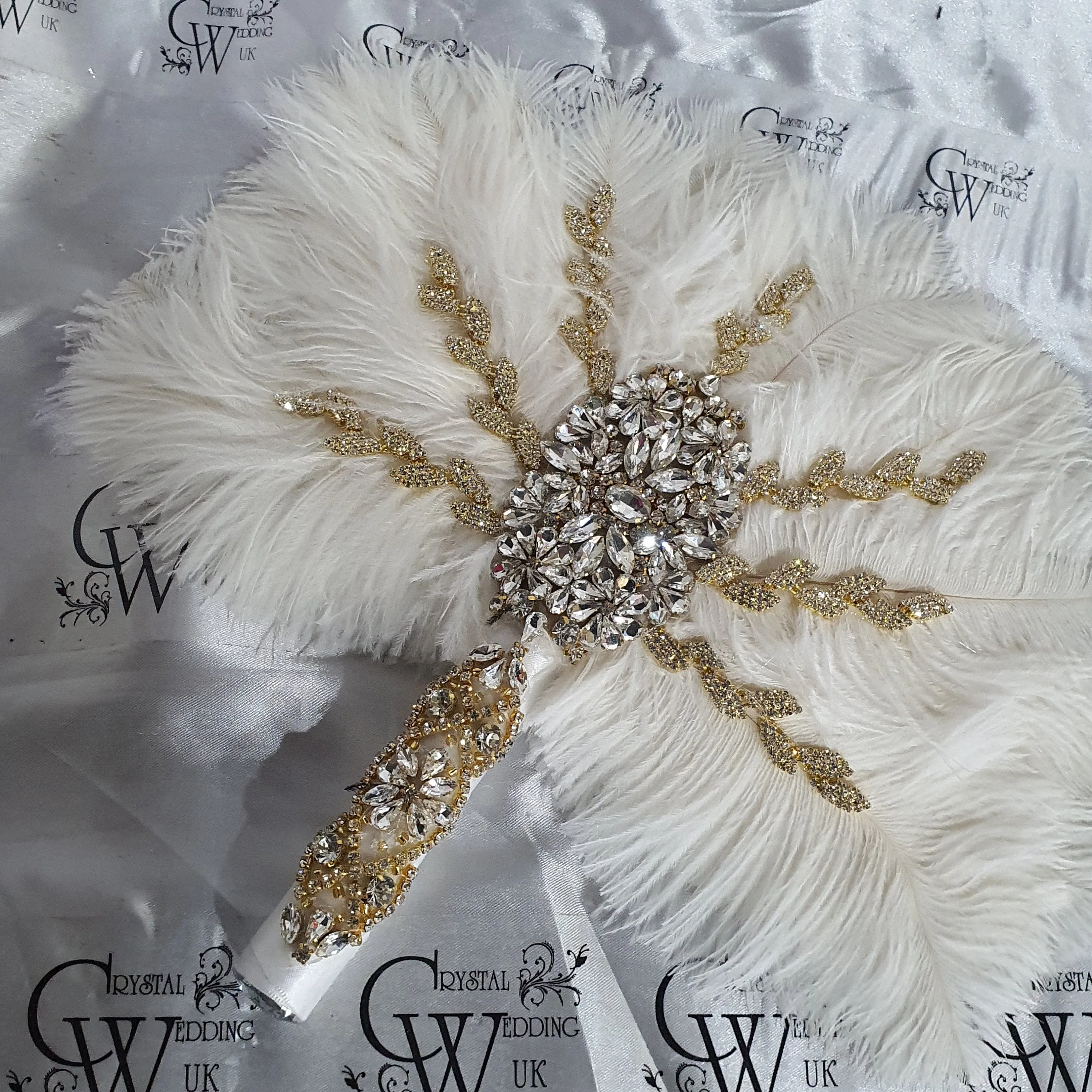 Ostrich Feather Fan bouquet with Genuine crystal detail-  alternative  Bouquet  Great Gatsby wedding style, Artificial wedding bouquet