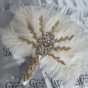 Ostrich Feather Fan bouquet with Genuine crystal detail-  alternative  Bouquet  Great Gatsby wedding style, Artificial wedding bouquet