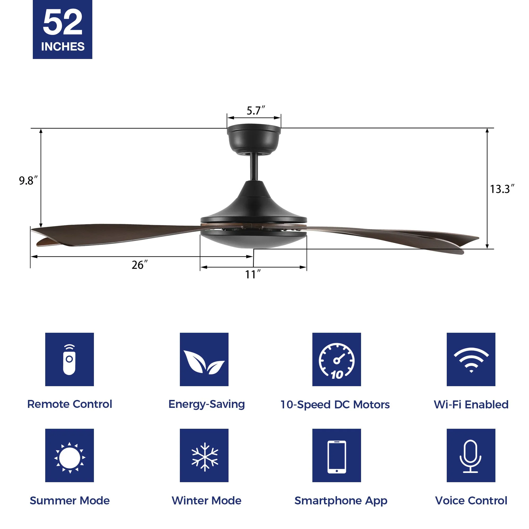 Peridot 52 inch Smart Ceiling Fan with Remote Wifi Enabled(NO LED)