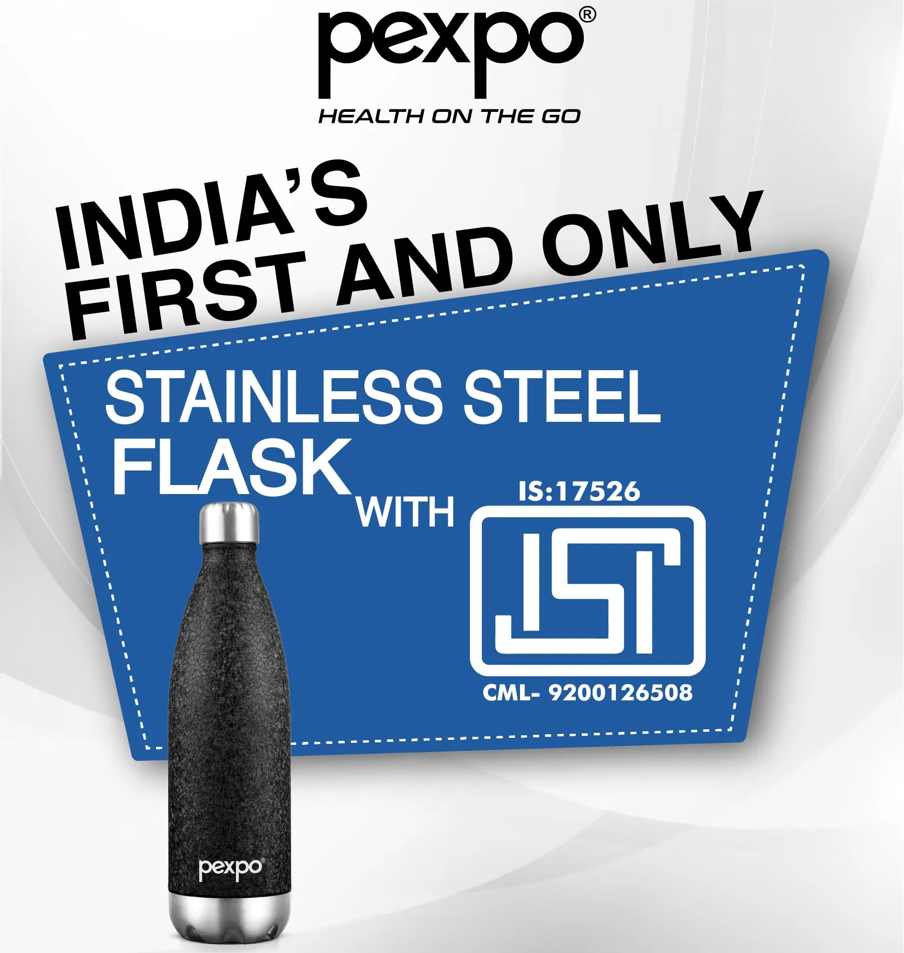 Pexpo Stainless Steel 24 Hrs Hot and Cold Vacuum Insulated ISI Certified Flask, 500ml, Black, Set of 1, Electro | Double Wall Flask | BPA Free | Office | School | Home | Kitchen | Travel | Hiking