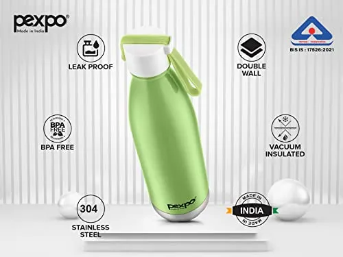 Pexpo Stainless Steel Hot and Cold Vacuum Insulated ISI Certified Flask, 500ml, Green, Espresso | Lightweight & Keeps Drinks Hot/Cold for 24  Hours