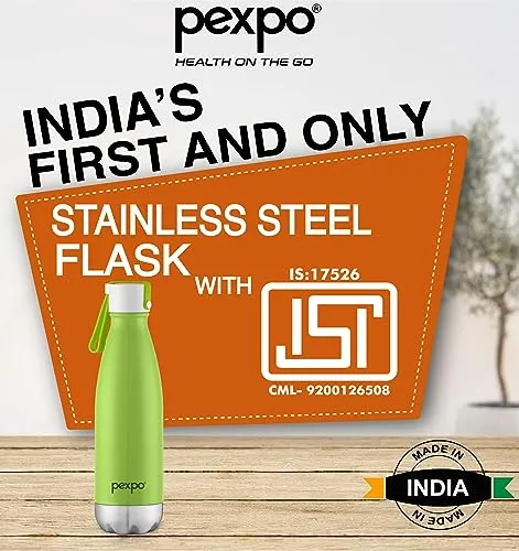 Pexpo Stainless Steel Hot and Cold Vacuum Insulated ISI Certified Flask, 500ml, Green, Espresso | Lightweight & Keeps Drinks Hot/Cold for 24  Hours