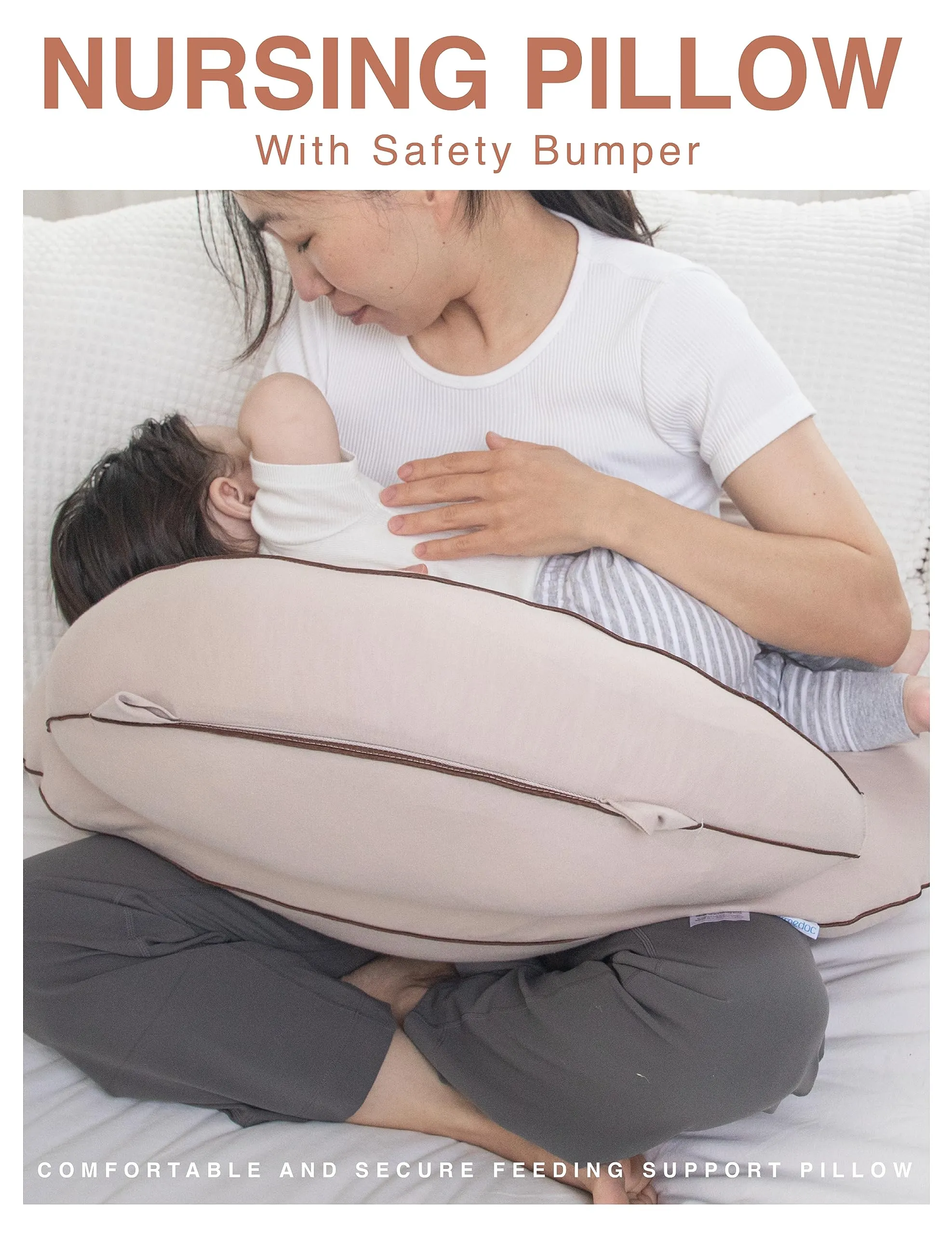 Pharmedoc Nursing Pillow for Breastfeeding - With Safety Bumper & Adjustable Waist Straps - Removable Cover