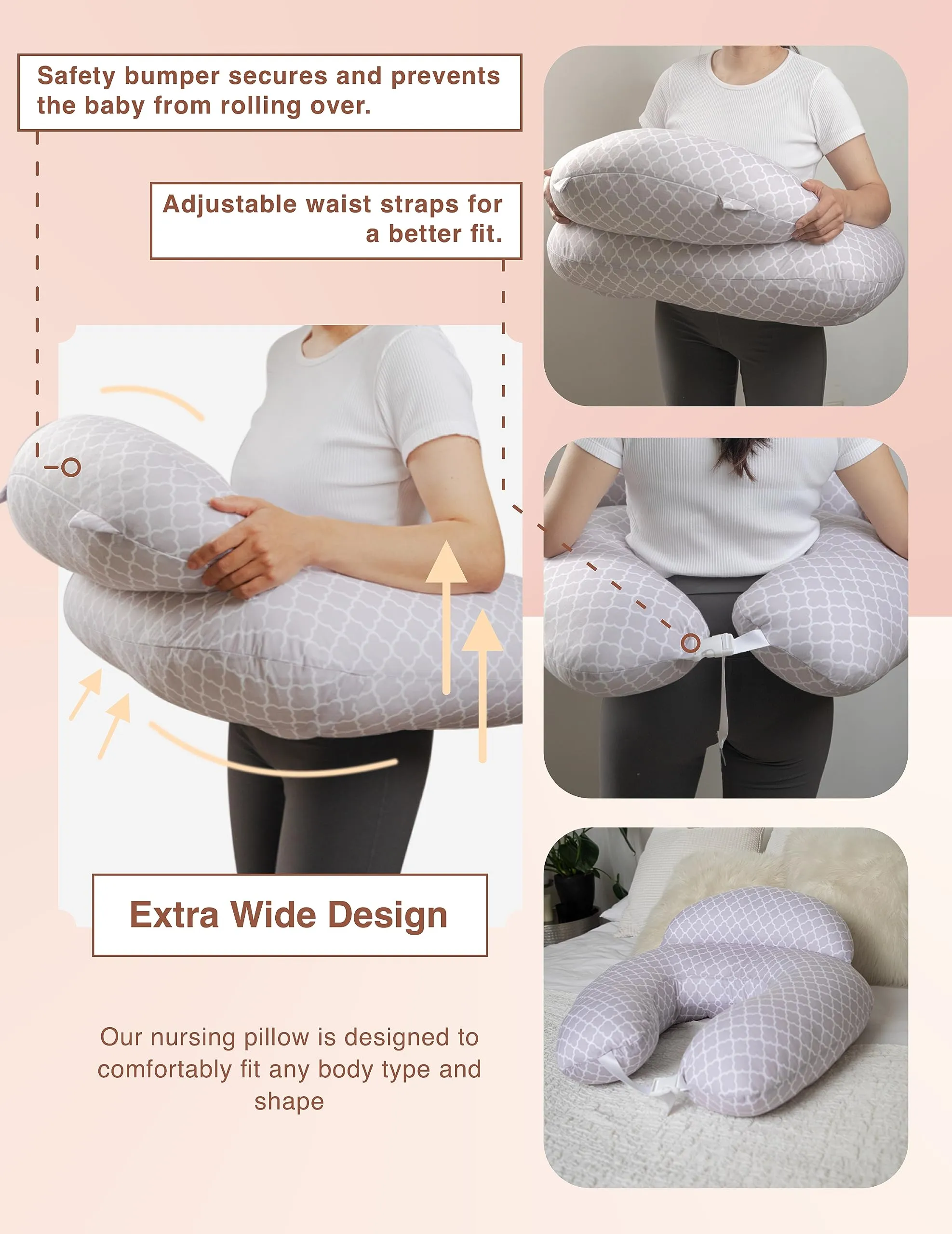 Pharmedoc Nursing Pillow for Breastfeeding - With Safety Bumper & Adjustable Waist Straps - Removable Cover