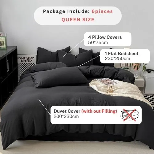 Queen size 6 Pieces bedding Set, Washable Cotton Black Color.