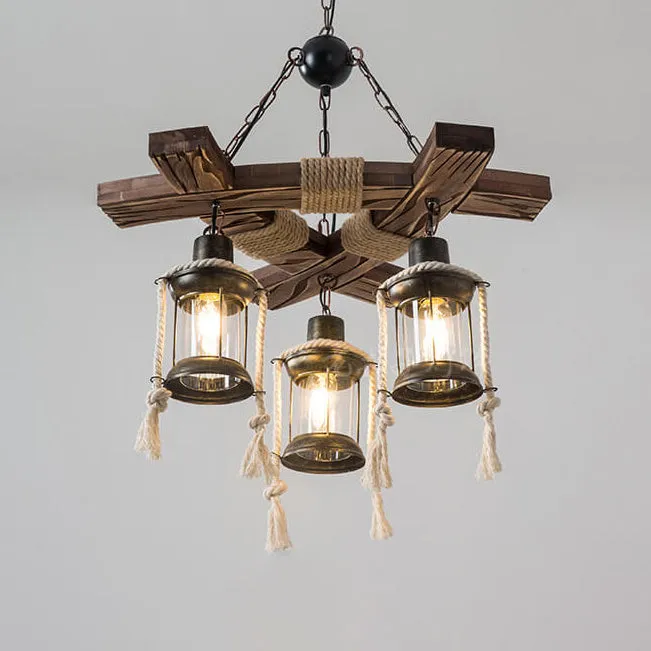 Retro Hemp Rope Wooden Birdcage Lampshade 3-Light Chandelier