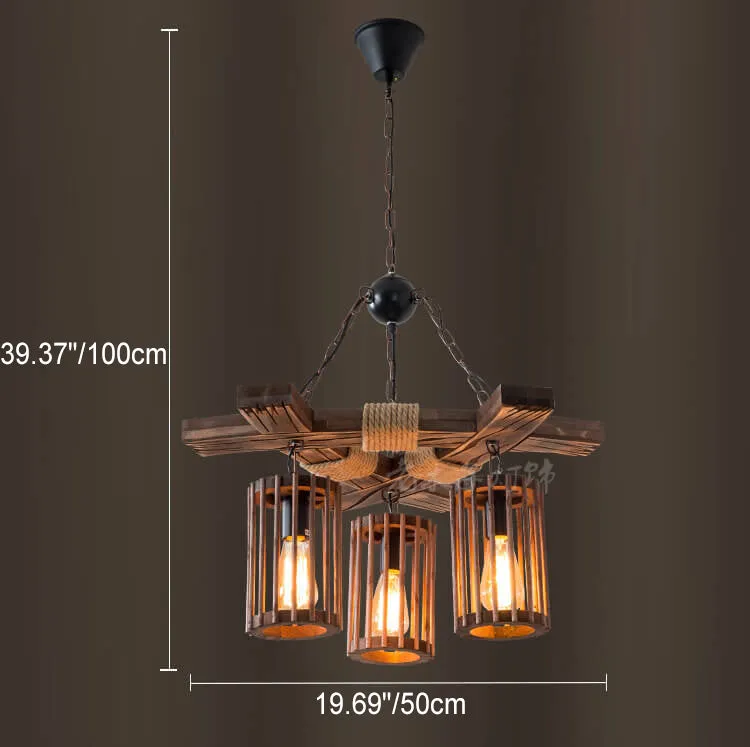 Retro Hemp Rope Wooden Birdcage Lampshade 3-Light Chandelier