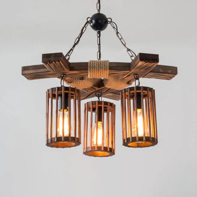 Retro Hemp Rope Wooden Birdcage Lampshade 3-Light Chandelier