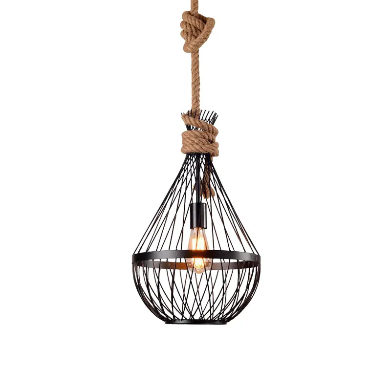 Retro Iron Pear-Shaped  Suspension Lighting with Hemp Rope in Black