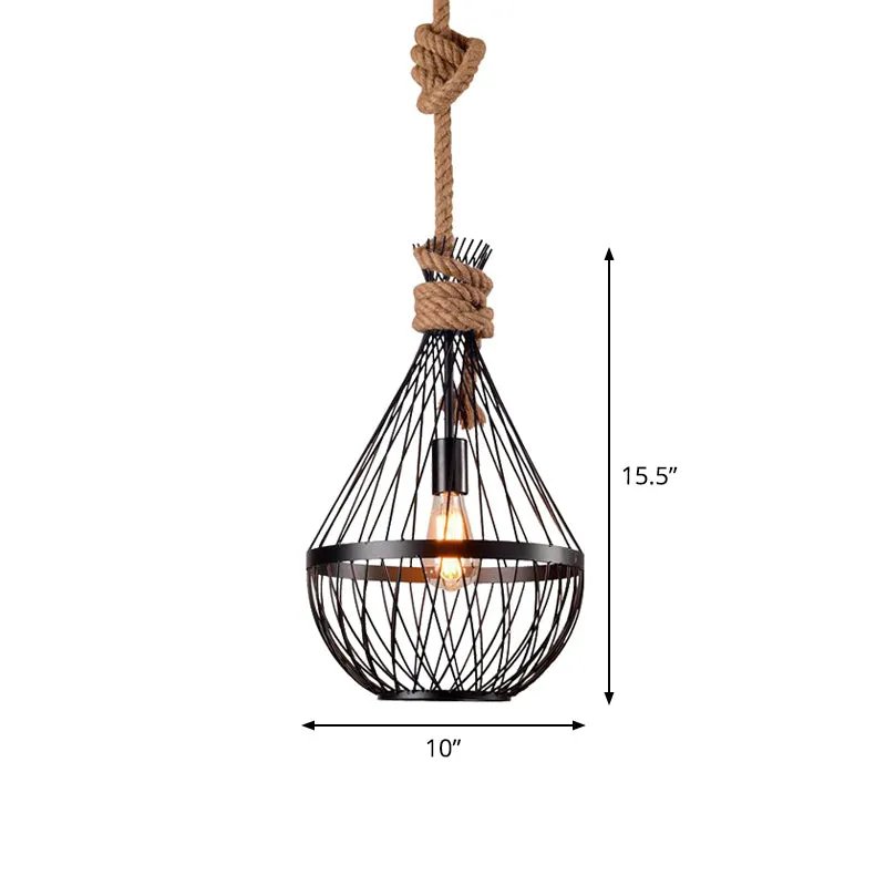 Retro Iron Pear-Shaped  Suspension Lighting with Hemp Rope in Black