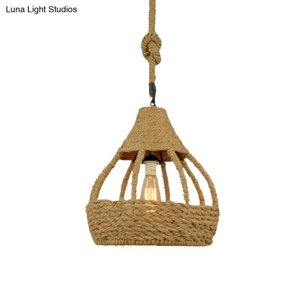 Rustic Brown Balcony Pendant Light Fixture with Rope Dome Shade - Country Style Suspension