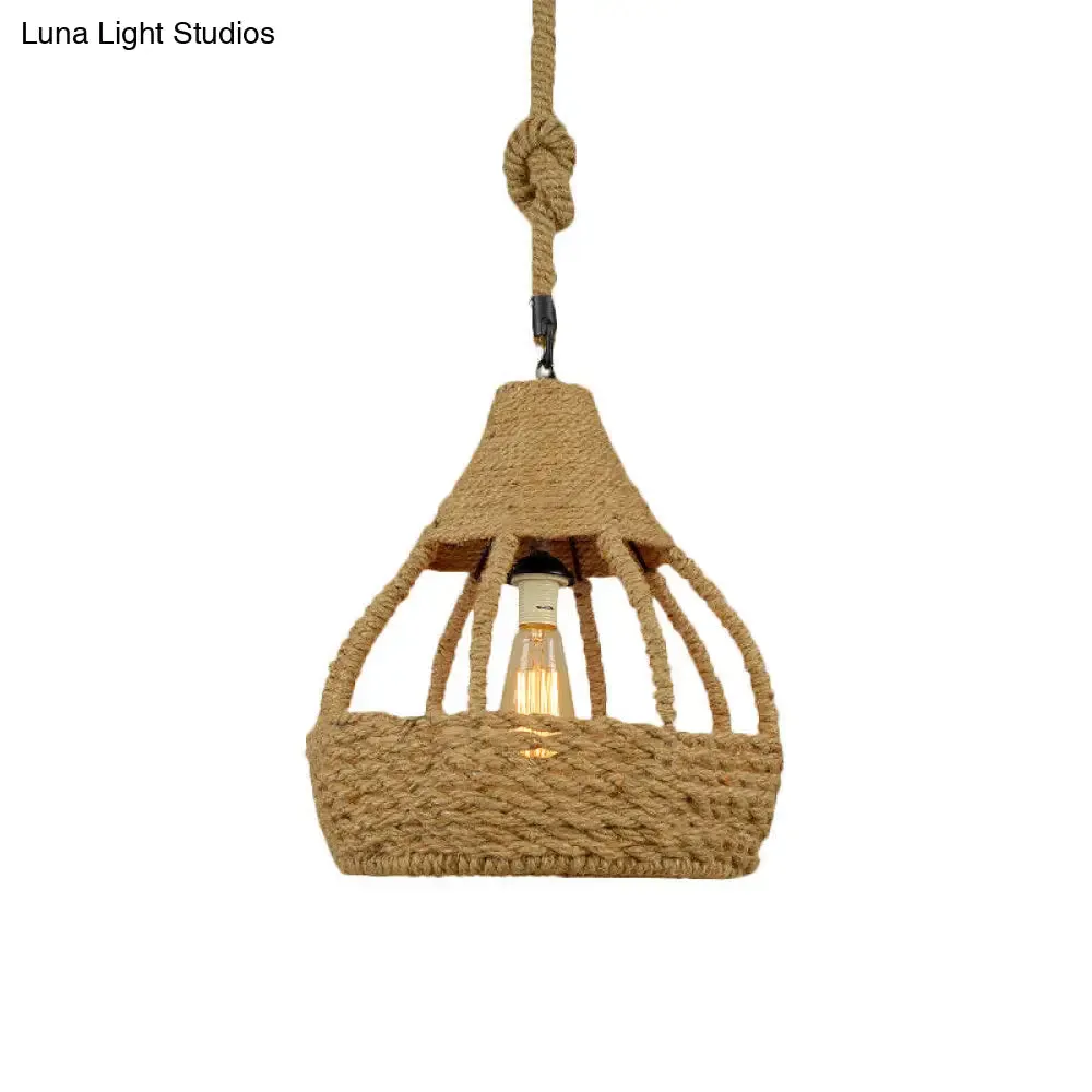 Rustic Brown Balcony Pendant Light Fixture with Rope Dome Shade - Country Style Suspension