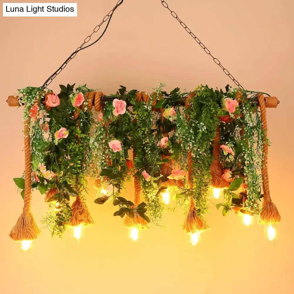 Rustic Brown Hemp Rope Island Light with 10 Exposed Bulbs, Plant Decoration