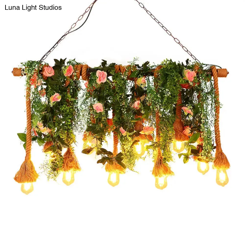 Rustic Brown Hemp Rope Island Light with 10 Exposed Bulbs, Plant Decoration