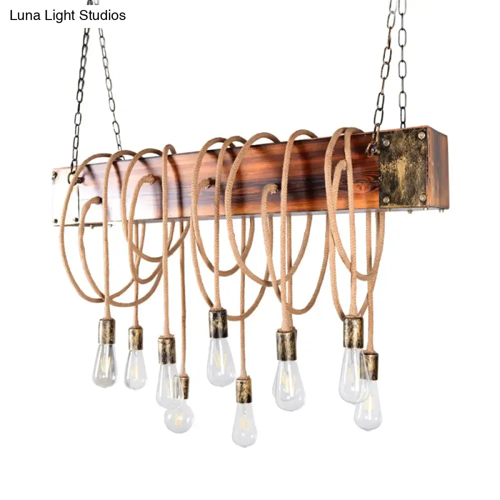 Rustic Metal Island Lighting with Wooden Beam - Multi Light Suspension Chandelier in Black/Antique Brass