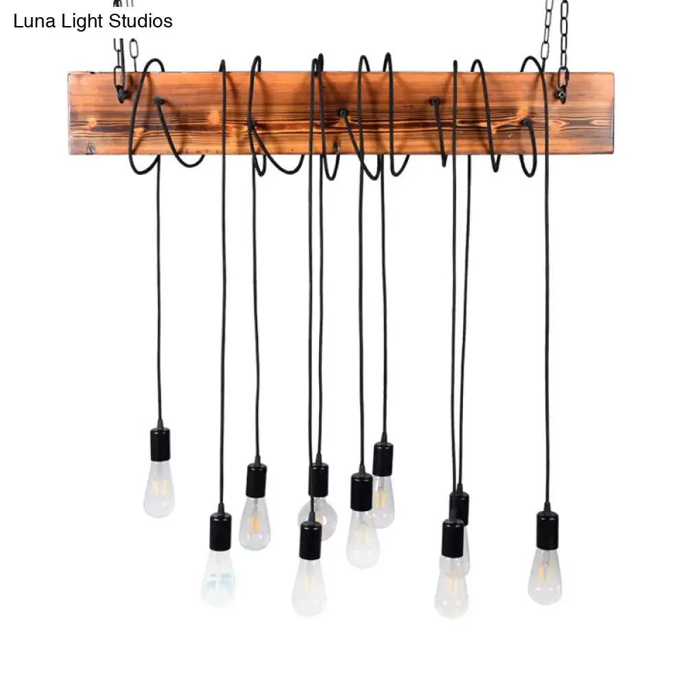 Rustic Metal Island Lighting with Wooden Beam - Multi Light Suspension Chandelier in Black/Antique Brass