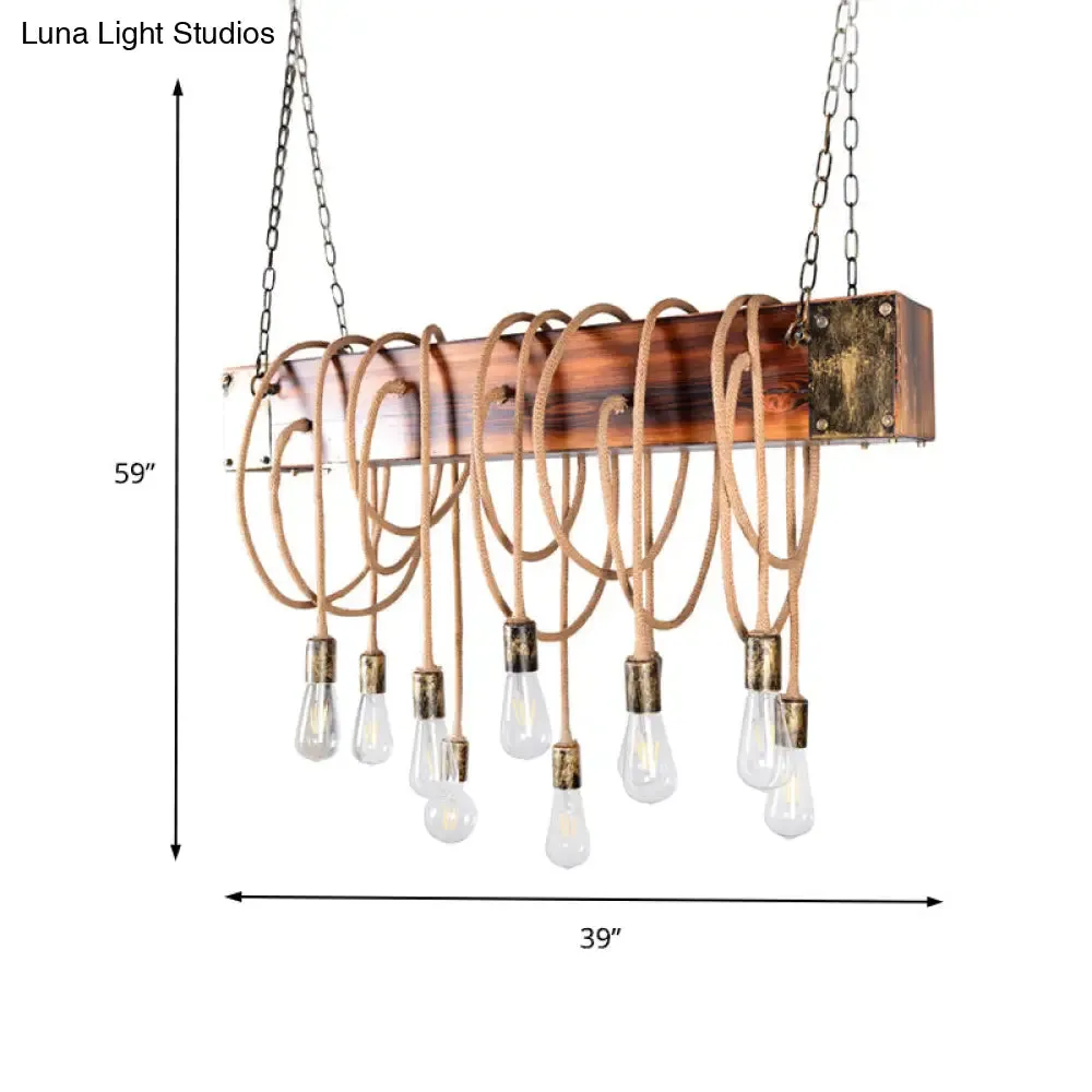 Rustic Metal Island Lighting with Wooden Beam - Multi Light Suspension Chandelier in Black/Antique Brass