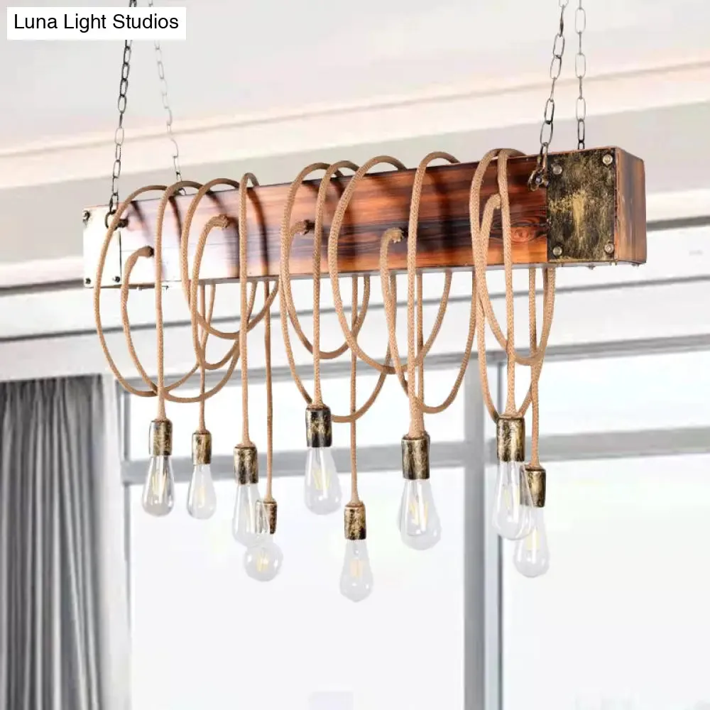 Rustic Metal Island Lighting with Wooden Beam - Multi Light Suspension Chandelier in Black/Antique Brass