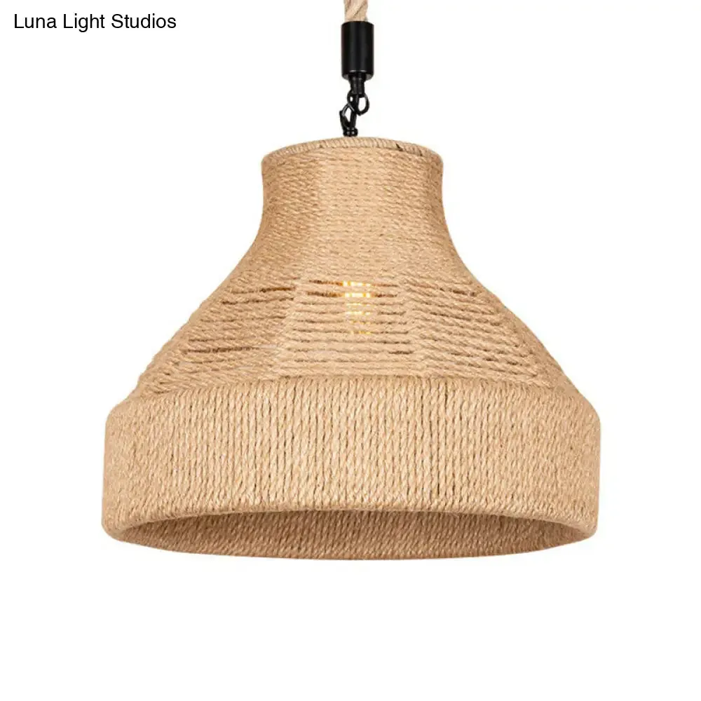 Rustic Rope Bell Hanging Lamp - Farmhouse 1 Bulb Restaurant Lighting Fixture (Brown)