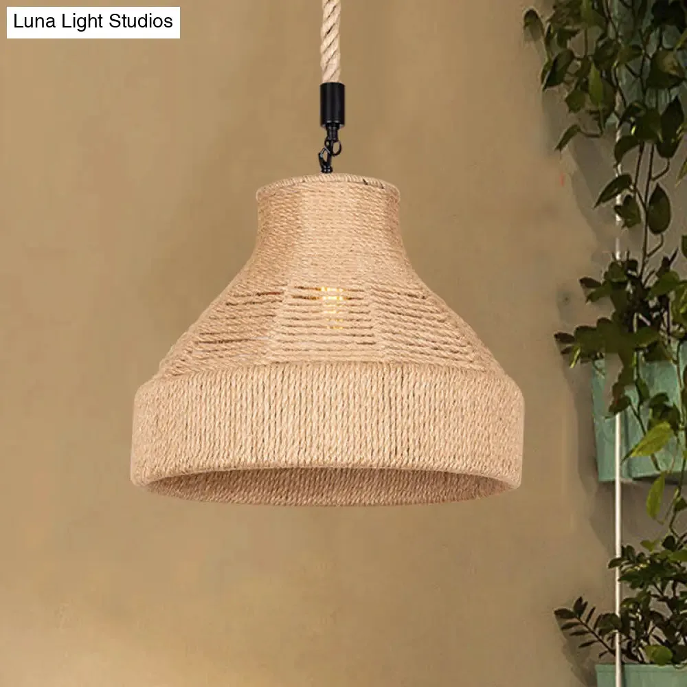 Rustic Rope Bell Hanging Lamp - Farmhouse 1 Bulb Restaurant Lighting Fixture (Brown)