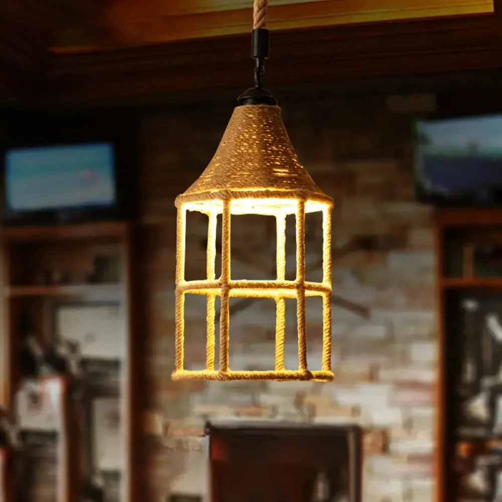 Rustic Rope Pendant Light for Dining Room - Booth Shaped Design, Brown Finish, Suspended Lighting Fixture