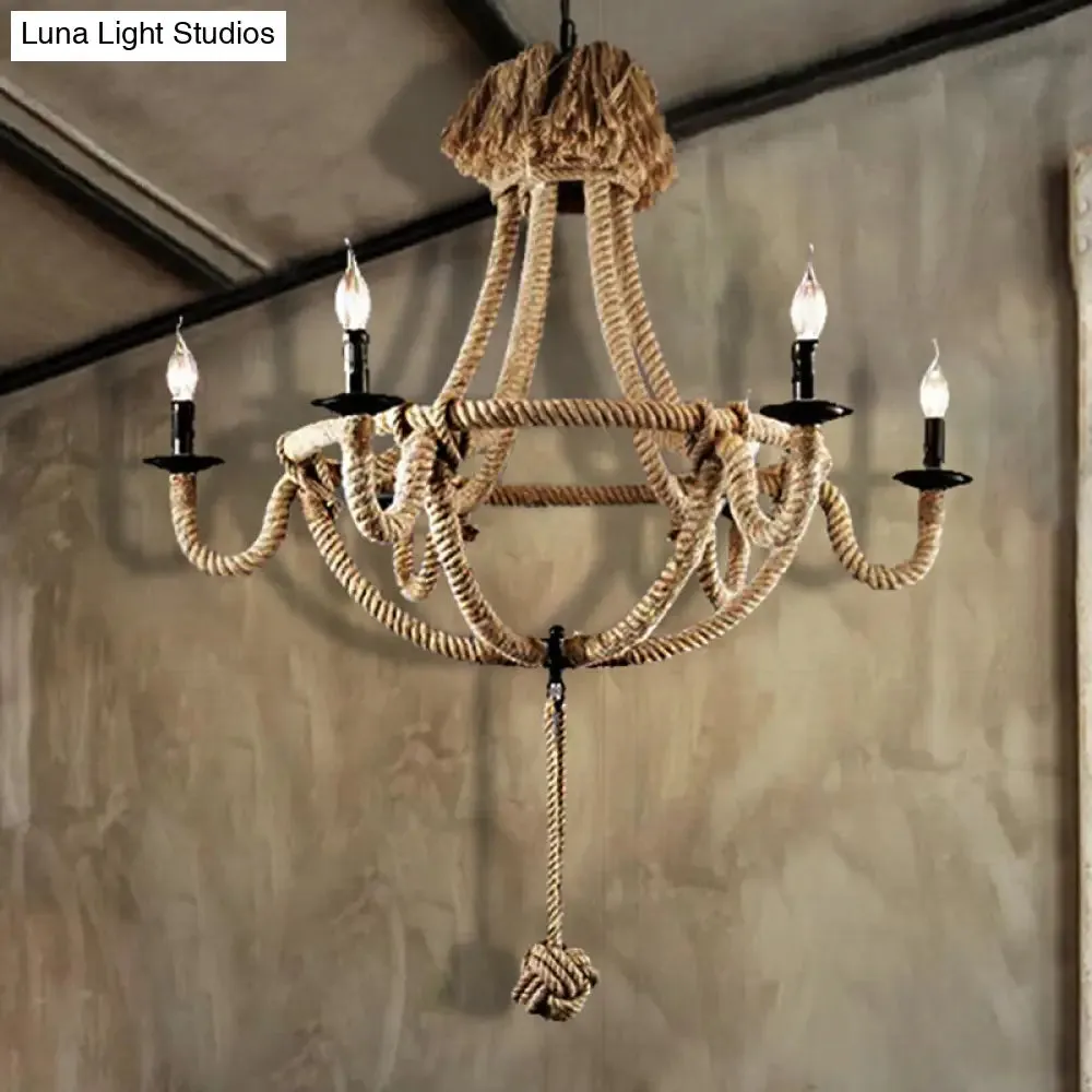 Rustic Style Candle Rope Chandelier in Beige – Dining Room Pendant Lighting (3/6 Lights)