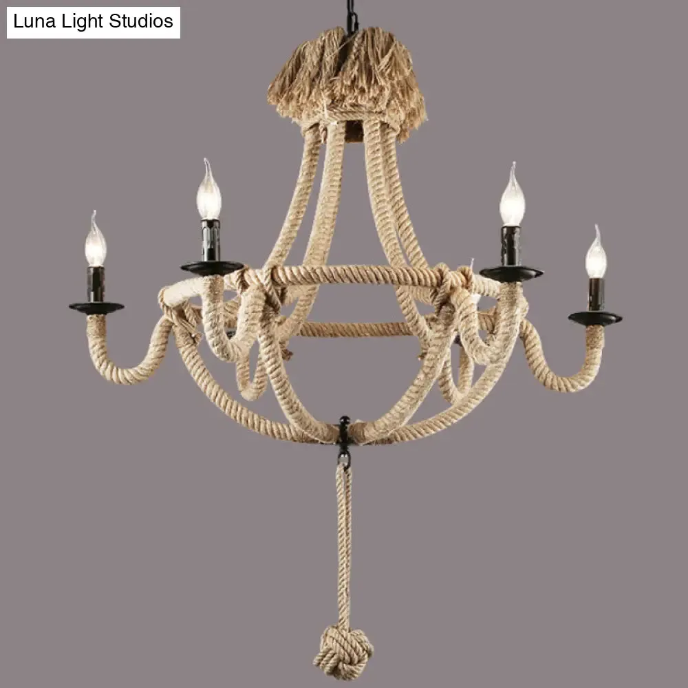 Rustic Style Candle Rope Chandelier in Beige – Dining Room Pendant Lighting (3/6 Lights)