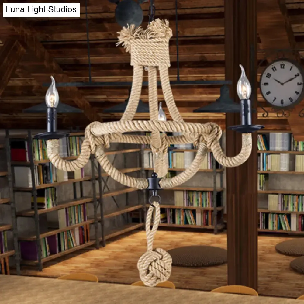 Rustic Style Candle Rope Chandelier in Beige – Dining Room Pendant Lighting (3/6 Lights)