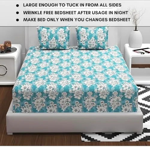 RVS DECOR Home Double Bedsheet for Double Bed Cotton | Double Bed Sheet Double Bed Cotton | Cotton Bedsheets for Double Bed | Cotton Bed Sheets for Double Bed (90x90 Inch, Aquamarine and White) -GL_1