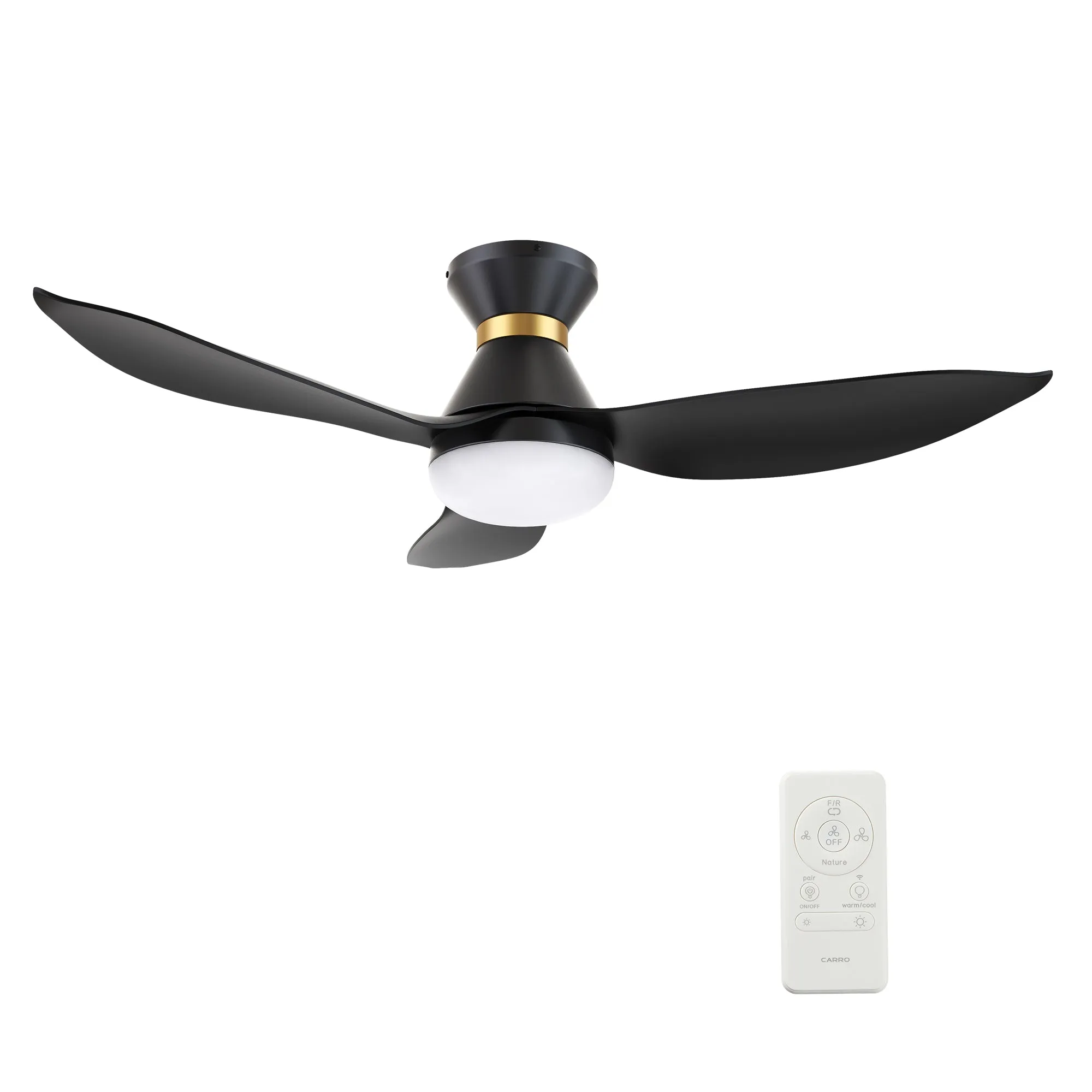 RYATT 45 inch 3-Blade Flush Mount Smart Ceiling Fan with LED Light Kit & Remote- Black/Black (Gold Detail)