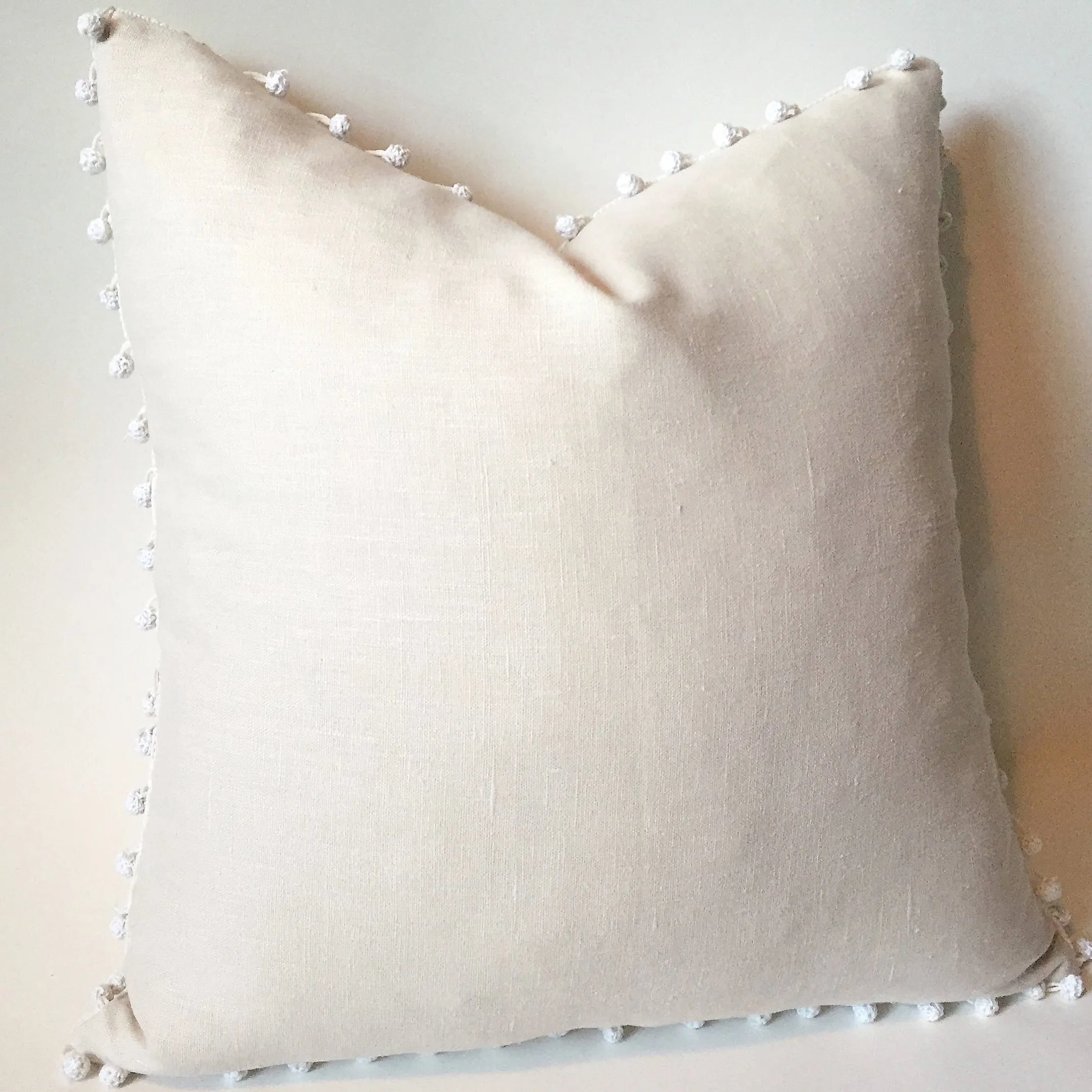 Simple Cream Linen Pillow Cover with Boho Cream Fringe or Ivory Pom poms