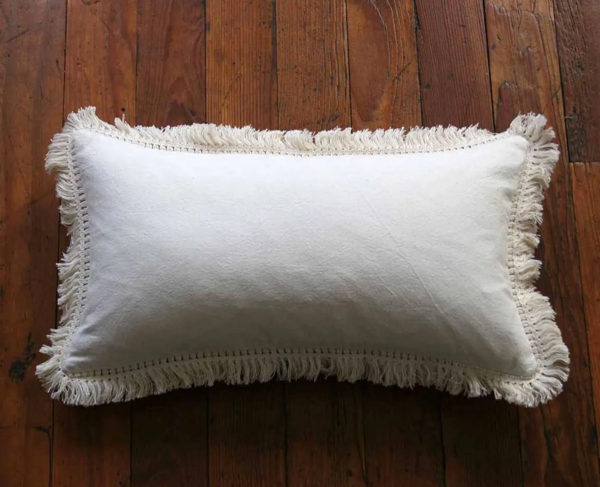 Simple Cream Linen Pillow Cover with Boho Cream Fringe or Ivory Pom poms