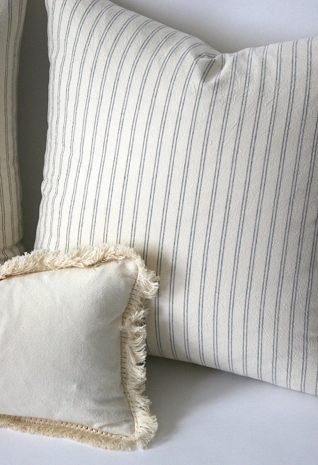 Simple Cream Linen Pillow Cover with Boho Cream Fringe or Ivory Pom poms