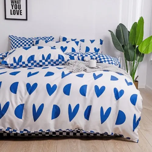 Single size 4 pieces Bedding Set without filler, Hearts and Checkered Design Blue and White Color