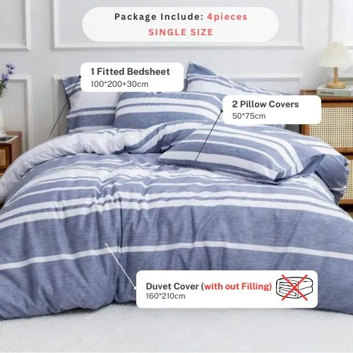 Single Size 4 pieces, Blue Stripe Design Duvet cover set.